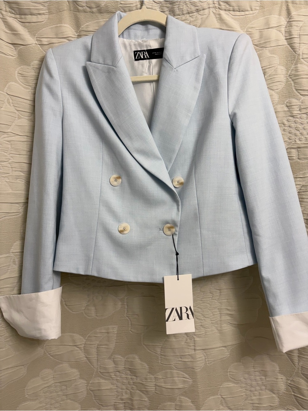 ZARA Light Blue Double-Breasted Cropped Blazer/ Size XS